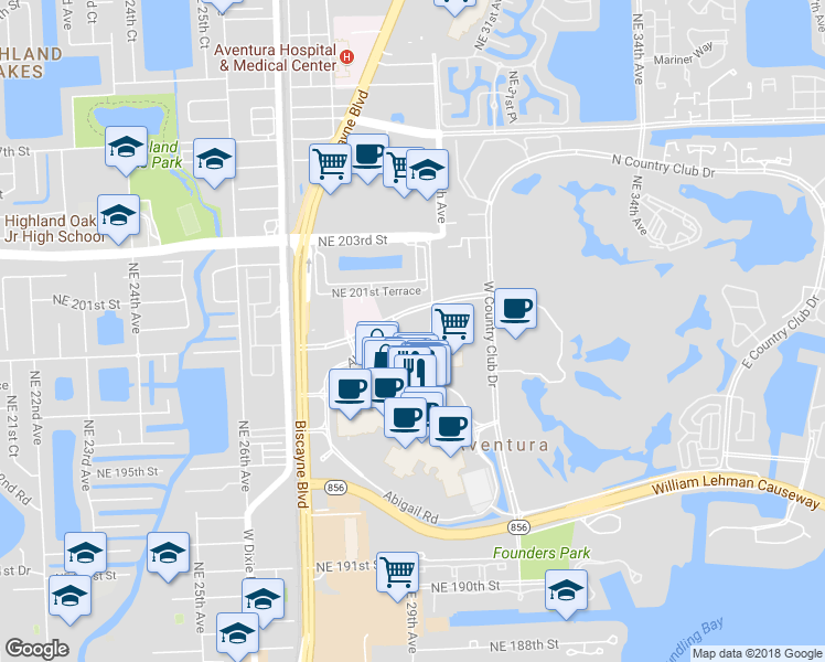 map of restaurants, bars, coffee shops, grocery stores, and more near 2930 Aventura Boulevard in Miami