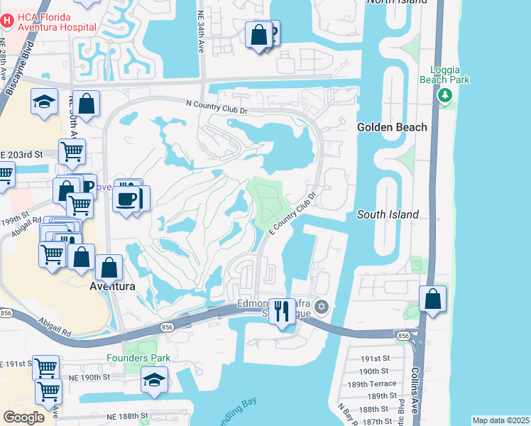 map of restaurants, bars, coffee shops, grocery stores, and more near 19951 Northeast 36th Place in Aventura