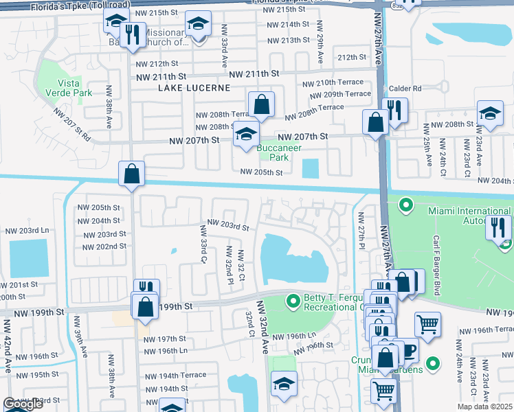 map of restaurants, bars, coffee shops, grocery stores, and more near 20410 Northwest 32nd Avenue in Miami Gardens