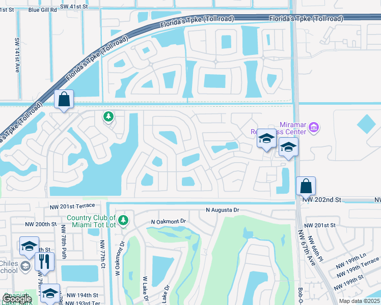 map of restaurants, bars, coffee shops, grocery stores, and more near 13040 Southwest 52nd Street in Miramar