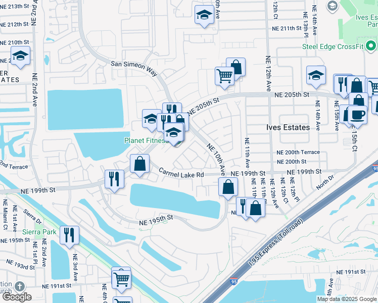 map of restaurants, bars, coffee shops, grocery stores, and more near 821 Northeast 199th Street in North Miami Beach