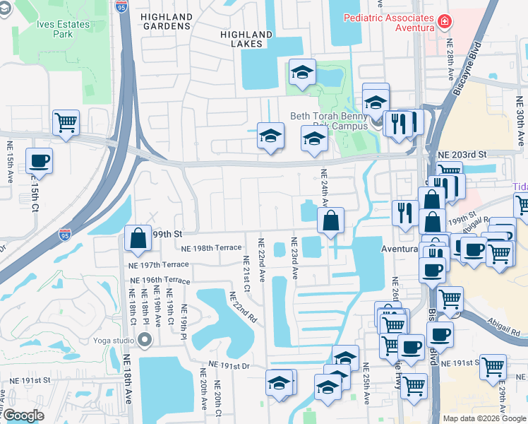 map of restaurants, bars, coffee shops, grocery stores, and more near 19941 Northeast 22nd Avenue in Miami