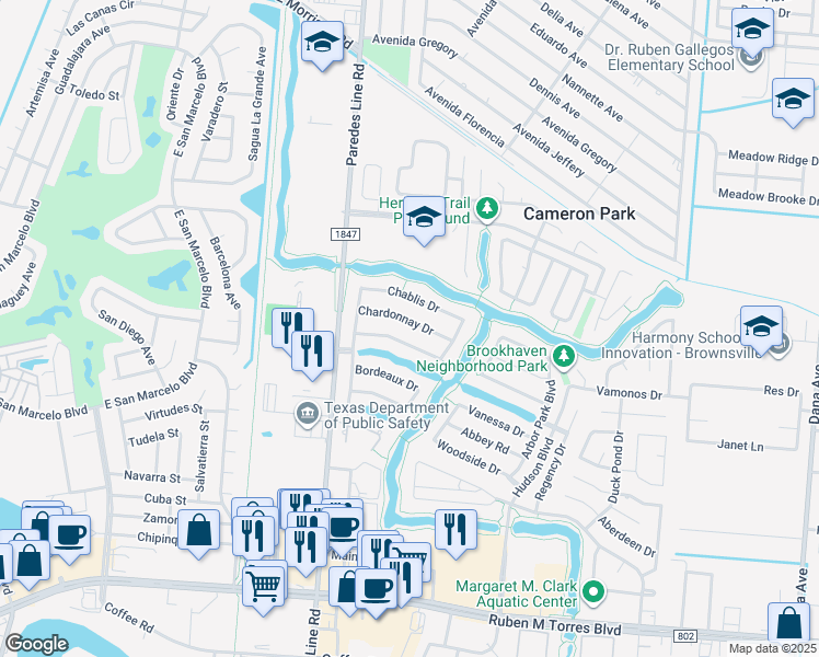map of restaurants, bars, coffee shops, grocery stores, and more near 3380 Chardonnay Drive in Brownsville