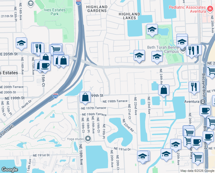 map of restaurants, bars, coffee shops, grocery stores, and more near 20010 Highland Lakes Boulevard in North Miami Beach