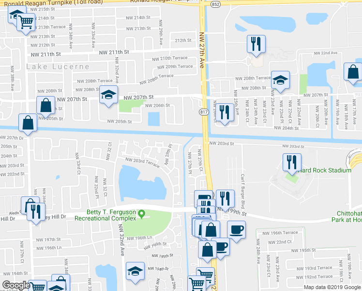 map of restaurants, bars, coffee shops, grocery stores, and more near 20457 Northwest 28th Court in Miami Gardens