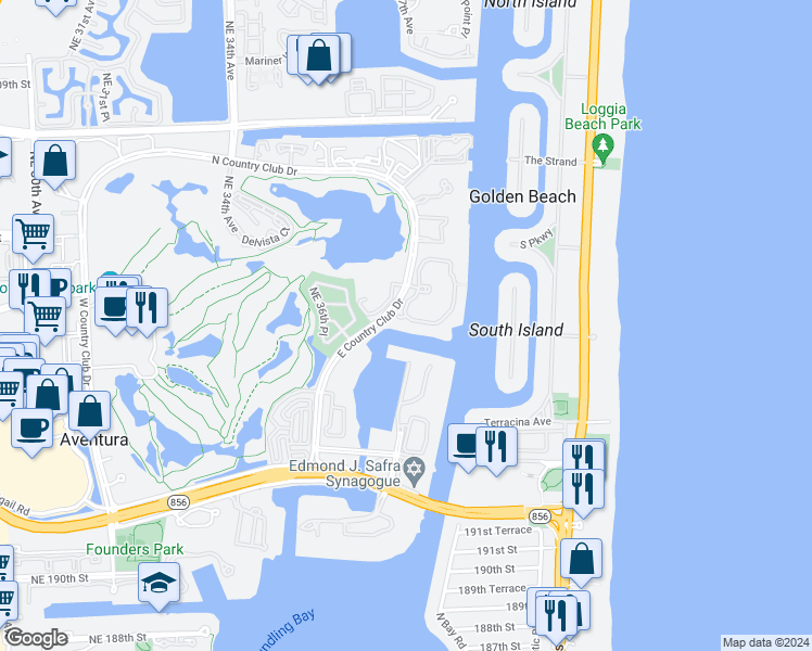 map of restaurants, bars, coffee shops, grocery stores, and more near 3780 Northeast 199th Terrace in Aventura