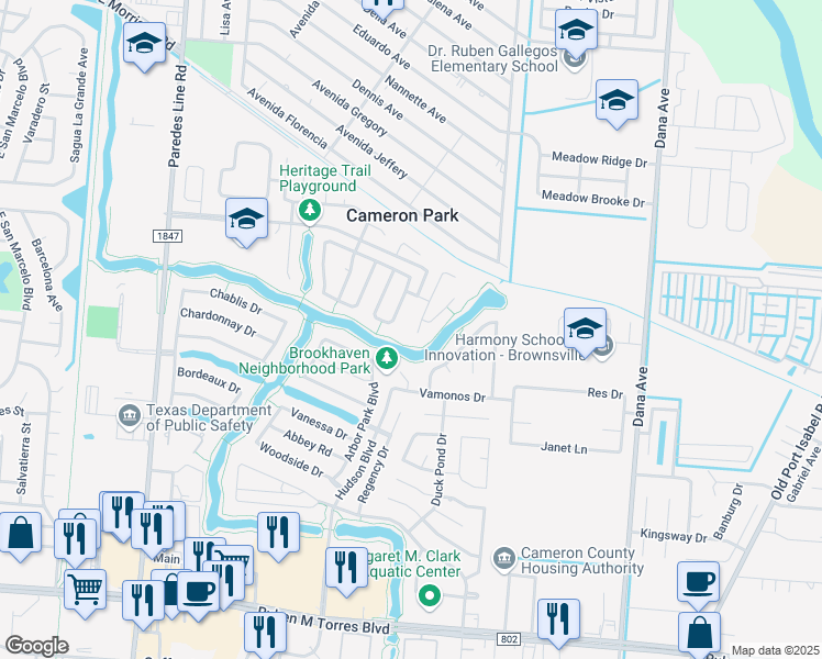 map of restaurants, bars, coffee shops, grocery stores, and more near 3152 Calle Argentina in Brownsville