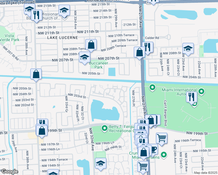 map of restaurants, bars, coffee shops, grocery stores, and more near 3031 Northwest 204th Terrace in Miami Gardens