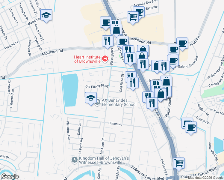 map of restaurants, bars, coffee shops, grocery stores, and more near 265 Red Rose St in Brownsville