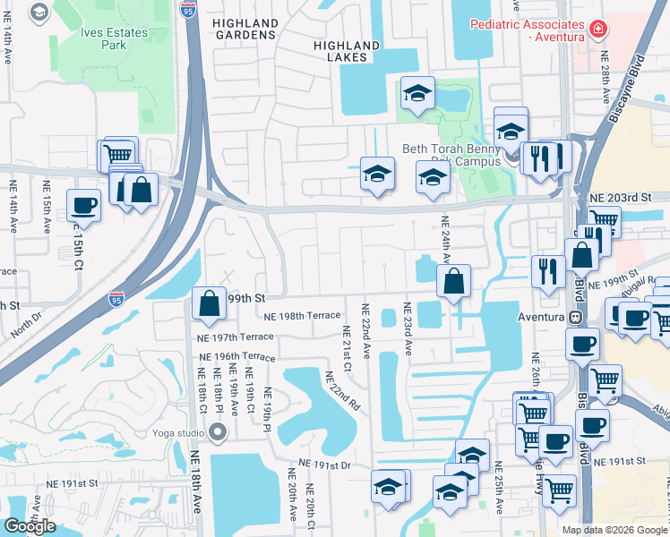 map of restaurants, bars, coffee shops, grocery stores, and more near 20000 Northeast 21st Court in North Miami Beach