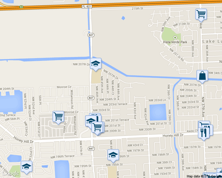 map of restaurants, bars, coffee shops, grocery stores, and more near 20462 Northwest 44th Court in Miami Gardens