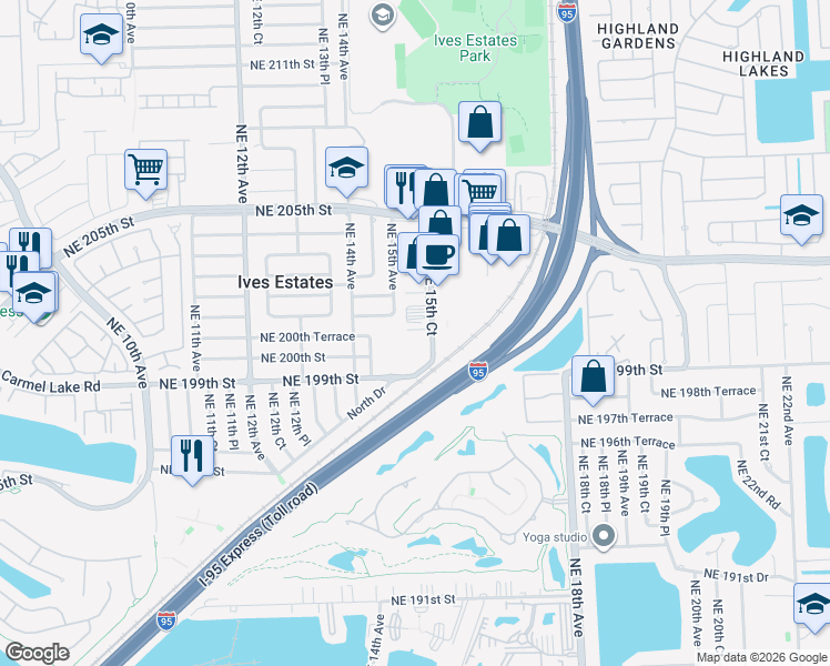 map of restaurants, bars, coffee shops, grocery stores, and more near 20064a Northeast 15th Court in Miami