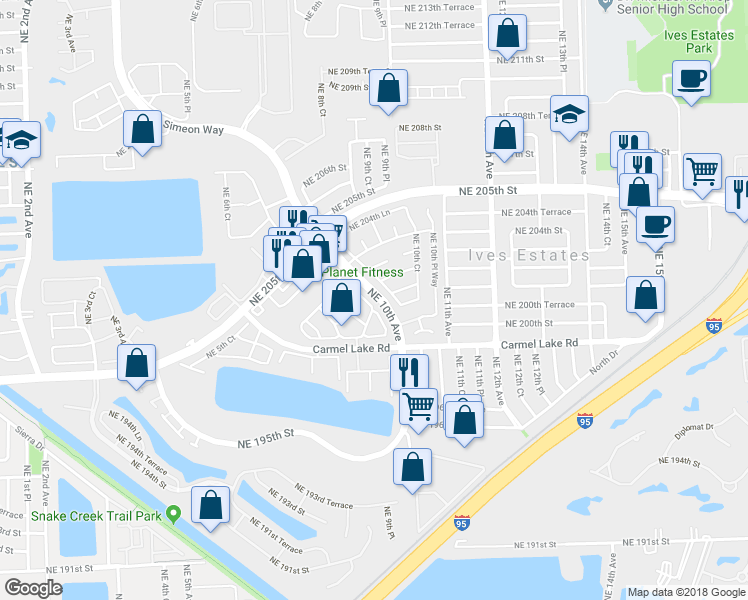 map of restaurants, bars, coffee shops, grocery stores, and more near 917 Northeast 199th Street in North Miami Beach
