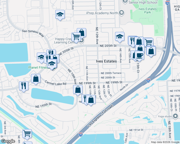 map of restaurants, bars, coffee shops, grocery stores, and more near 1121 Northeast 200th Terrace in Miami