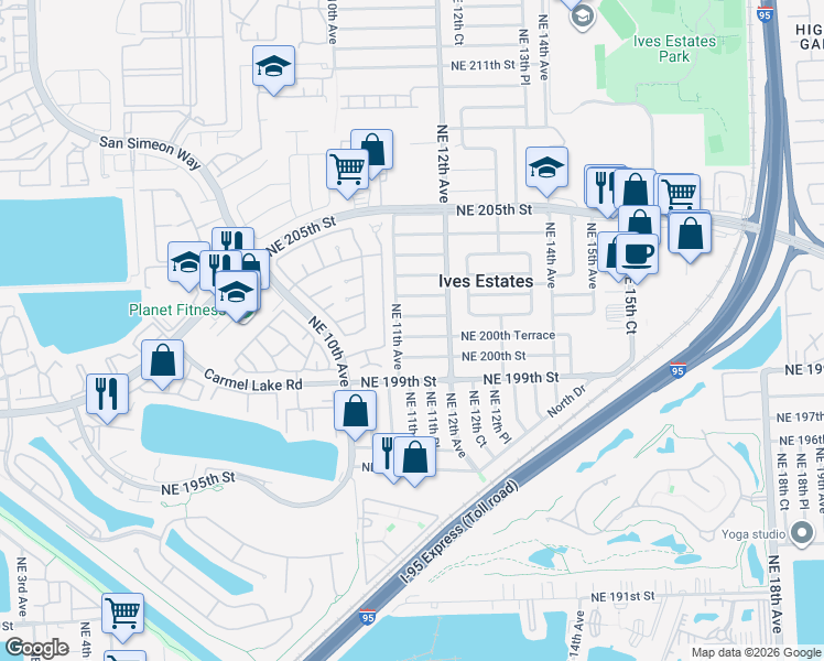 map of restaurants, bars, coffee shops, grocery stores, and more near 1121 NE 200th Terrace in Miami