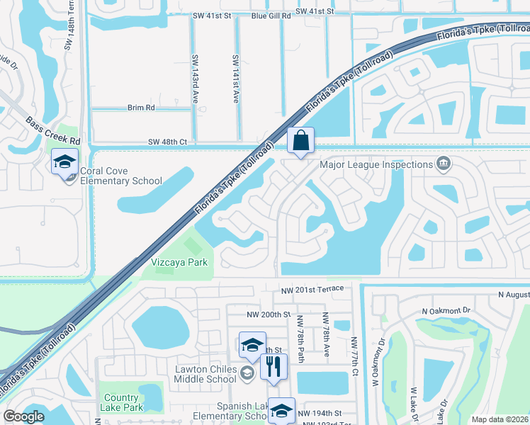 map of restaurants, bars, coffee shops, grocery stores, and more near 14049 Southwest 51st Lane in Miramar