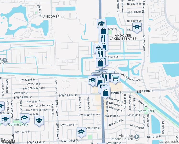 map of restaurants, bars, coffee shops, grocery stores, and more near 300 Northwest 202nd Terrace in Miami