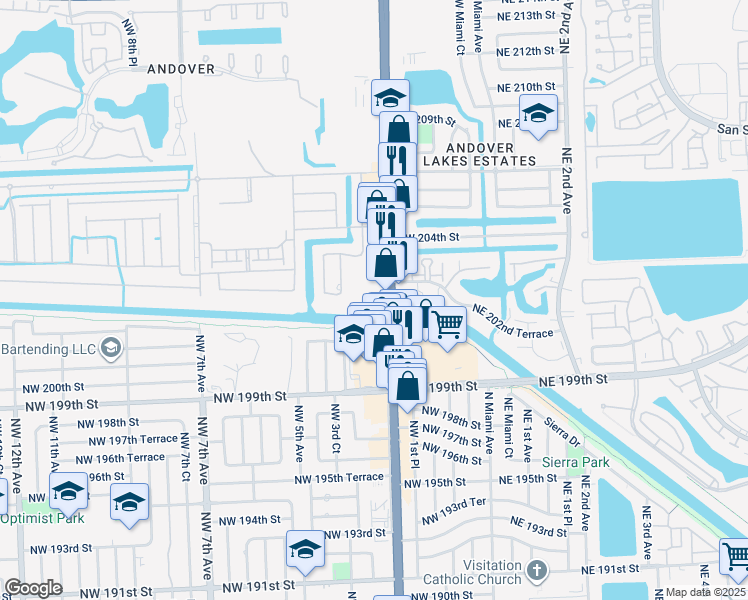 map of restaurants, bars, coffee shops, grocery stores, and more near 20200 Northwest 2nd Avenue in Miami Gardens