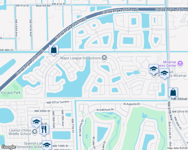 map of restaurants, bars, coffee shops, grocery stores, and more near 13341 Southwest 52nd Court in Miramar
