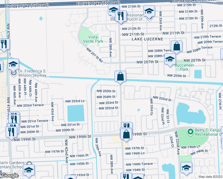 map of restaurants, bars, coffee shops, grocery stores, and more near 3761 Northwest 205th Street in Miami Gardens