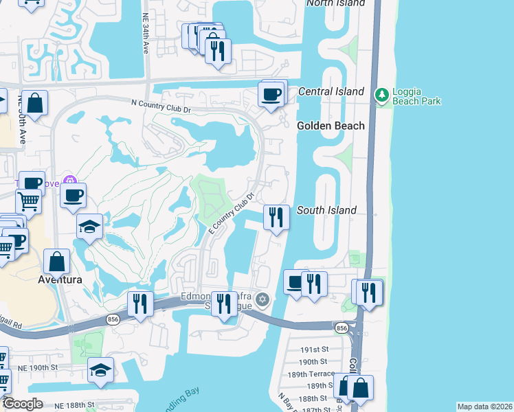 map of restaurants, bars, coffee shops, grocery stores, and more near 3780 Northeast 199th Terrace in Aventura