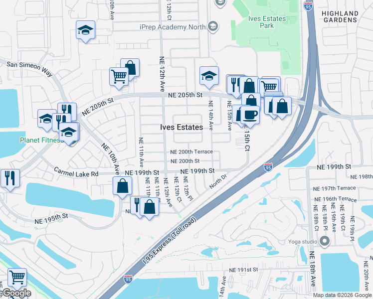 map of restaurants, bars, coffee shops, grocery stores, and more near 1265 Northeast 200th Terrace in Miami