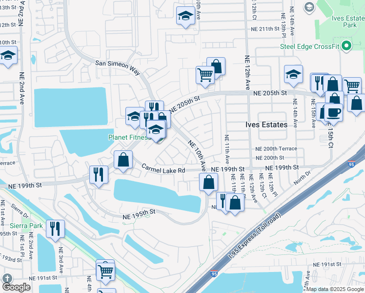map of restaurants, bars, coffee shops, grocery stores, and more near 917 Northeast 199th Street in North Miami Beach