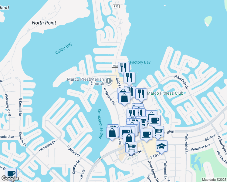 map of restaurants, bars, coffee shops, grocery stores, and more near 850 Elkhorn Court in Marco Island