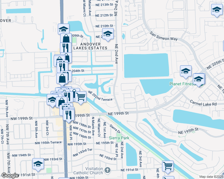 map of restaurants, bars, coffee shops, grocery stores, and more near 20310 Northeast 2nd Avenue in Miami Gardens