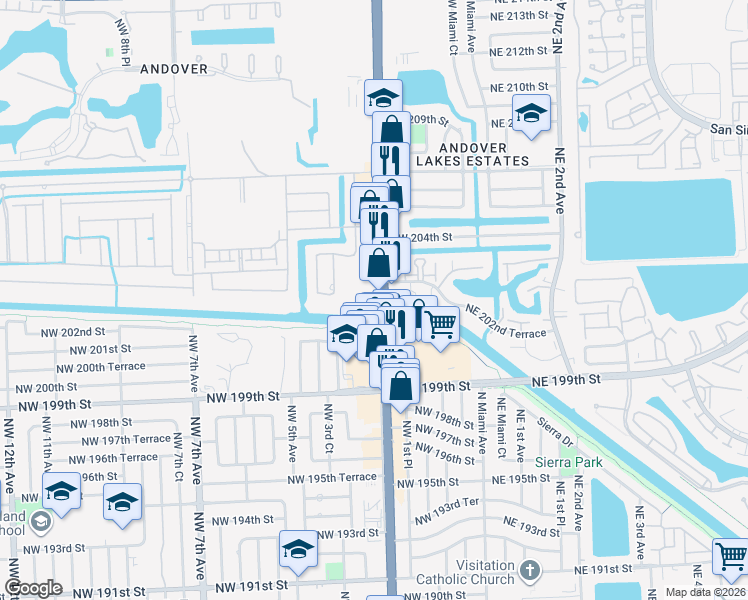 map of restaurants, bars, coffee shops, grocery stores, and more near 20200 Northwest 2nd Avenue in Miami Gardens