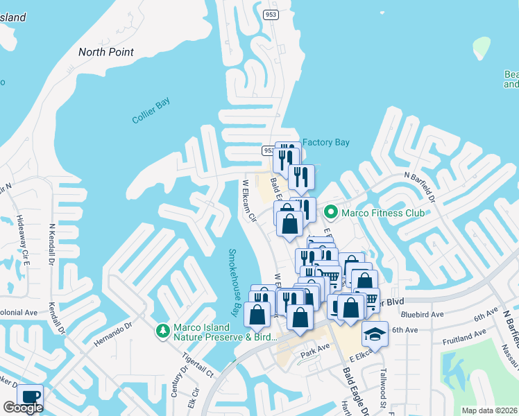 map of restaurants, bars, coffee shops, grocery stores, and more near 850 Elkhorn Court in Marco Island