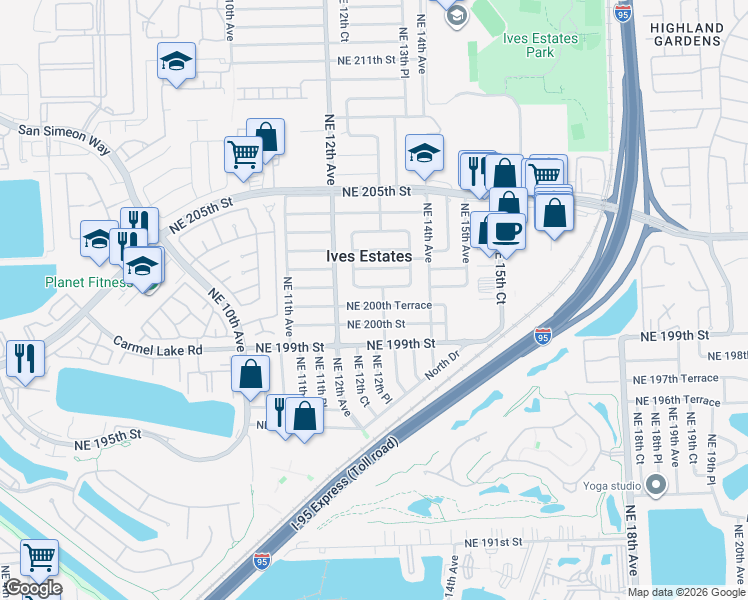 map of restaurants, bars, coffee shops, grocery stores, and more near 1265 Northeast 200th Terrace in Miami