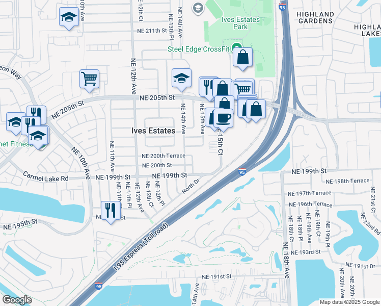 map of restaurants, bars, coffee shops, grocery stores, and more near 1413 Northeast 200th Terrace in Miami