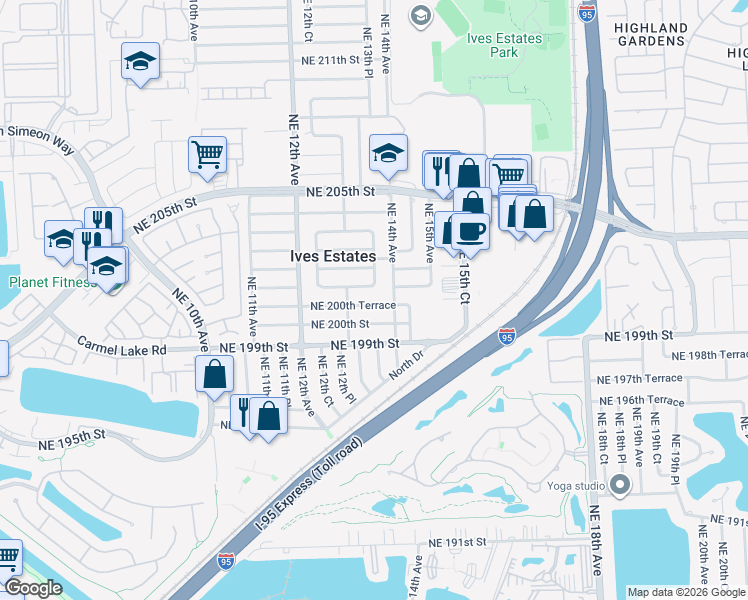 map of restaurants, bars, coffee shops, grocery stores, and more near 1345 Northeast 200th Terrace in North Miami Beach
