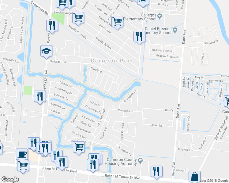 map of restaurants, bars, coffee shops, grocery stores, and more near 3158 Calle Argentina in Brownsville