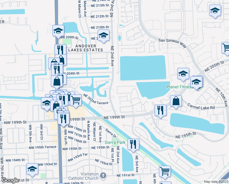 map of restaurants, bars, coffee shops, grocery stores, and more near 261 Northeast 201st Terrace in Miami