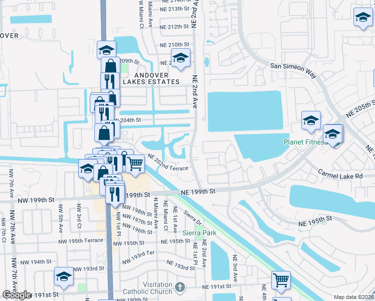 map of restaurants, bars, coffee shops, grocery stores, and more near 20310 Northeast 2nd Avenue in Miami Gardens