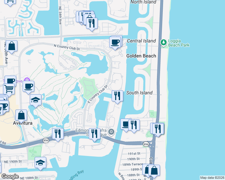 map of restaurants, bars, coffee shops, grocery stores, and more near 3780 Northeast 199th Terrace in Aventura