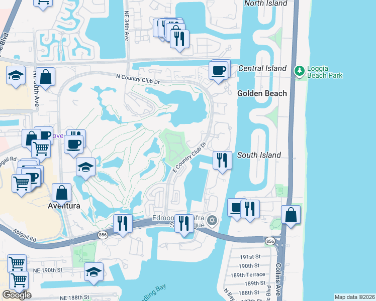 map of restaurants, bars, coffee shops, grocery stores, and more near 3752 Northeast 199th Street in Aventura