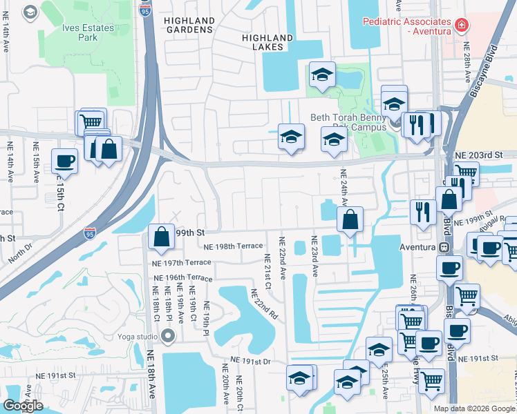 map of restaurants, bars, coffee shops, grocery stores, and more near 20000 Northeast 21st Court in North Miami Beach