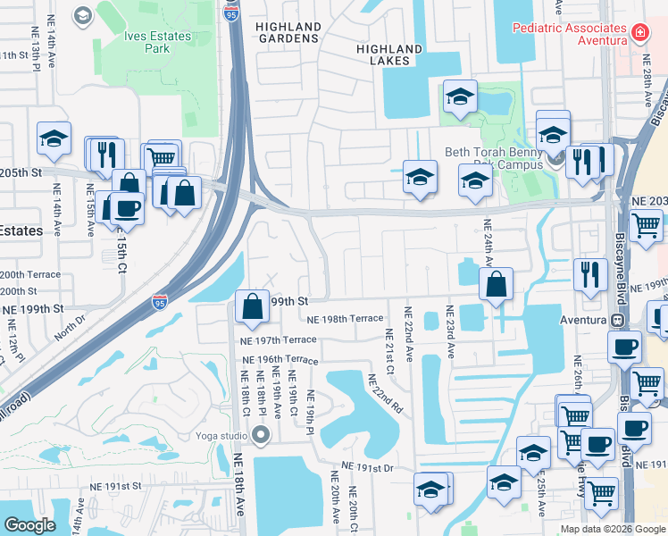 map of restaurants, bars, coffee shops, grocery stores, and more near 20010 Highland Lakes Boulevard in North Miami Beach