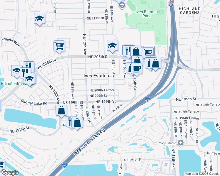 map of restaurants, bars, coffee shops, grocery stores, and more near 1345 Northeast 200th Terrace in North Miami Beach