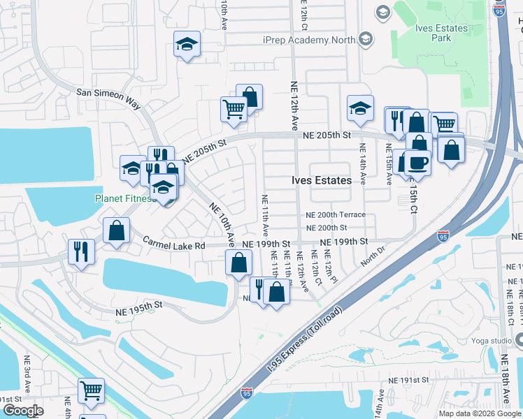 map of restaurants, bars, coffee shops, grocery stores, and more near 20070 Northeast 10th Place in Miami