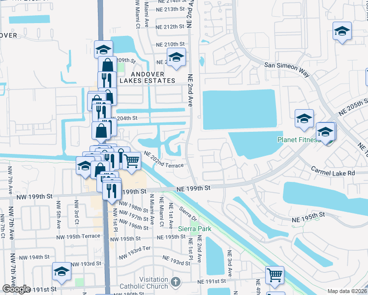map of restaurants, bars, coffee shops, grocery stores, and more near 20310 Northeast 2nd Avenue in Miami Gardens