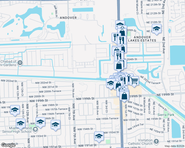 map of restaurants, bars, coffee shops, grocery stores, and more near 450 Northwest 202nd Terrace in Miami Gardens