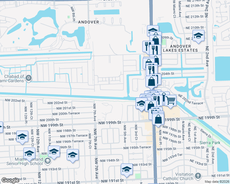 map of restaurants, bars, coffee shops, grocery stores, and more near 450 Northwest 202nd Terrace in Miami Gardens