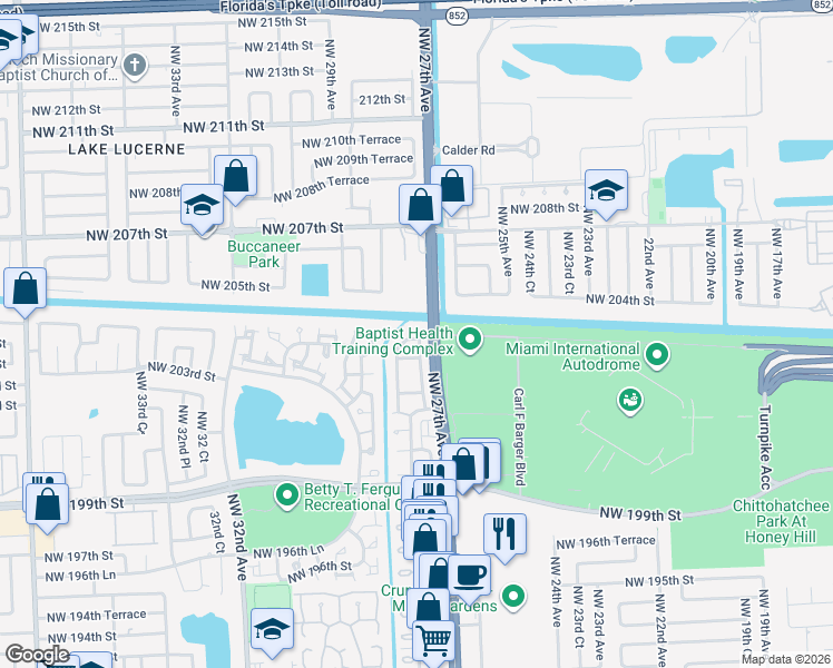map of restaurants, bars, coffee shops, grocery stores, and more near 204 Northwest 204th Lane in Miami Gardens