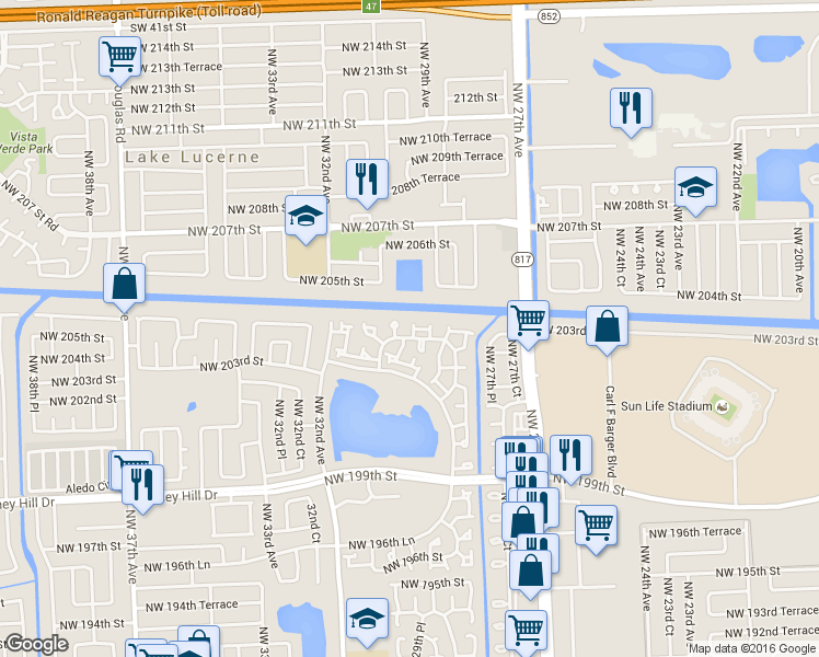map of restaurants, bars, coffee shops, grocery stores, and more near 3031 Northwest 204th Terrace in Miami Gardens