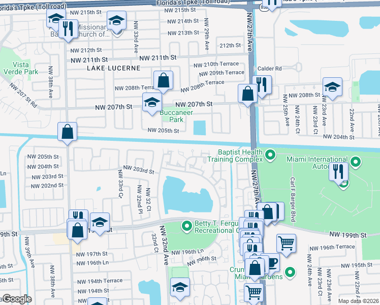 map of restaurants, bars, coffee shops, grocery stores, and more near 3031 Northwest 204th Terrace in Miami Gardens