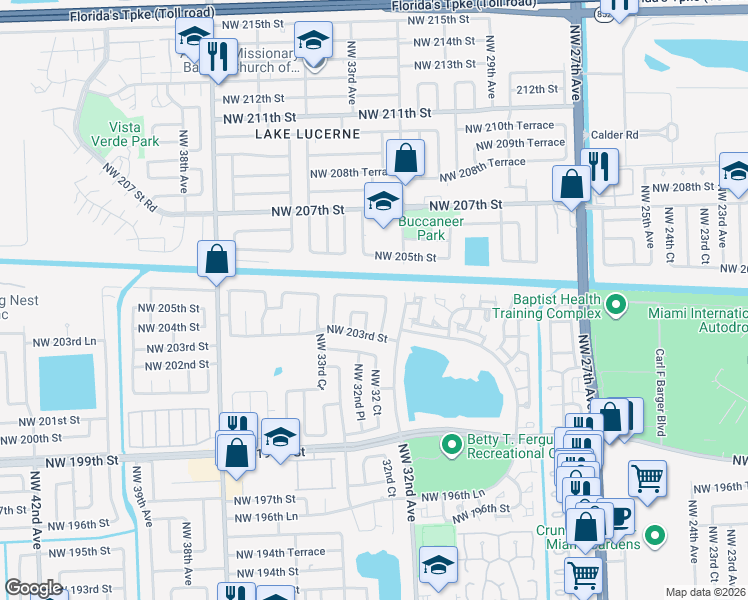 map of restaurants, bars, coffee shops, grocery stores, and more near 3243 Northwest 203rd Lane in Miami Gardens